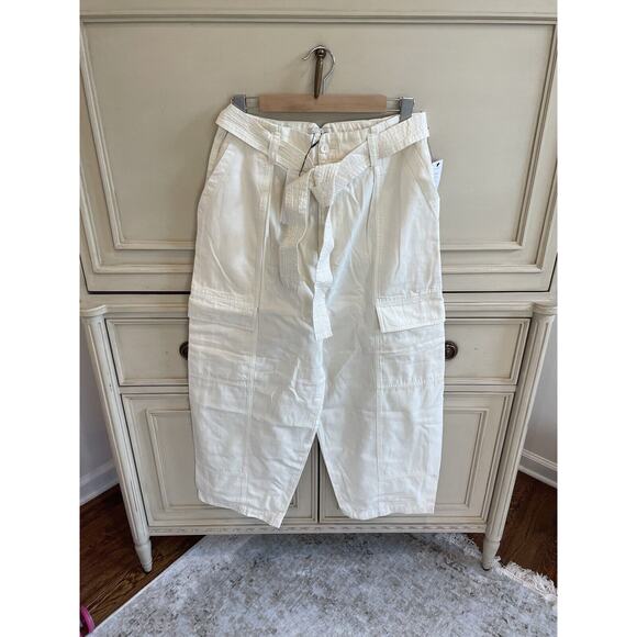 NWT $248 Joie Emerald Cotton Blend Ivory Straight Leg Pants Size 12 Belted - Picture 4 of 13